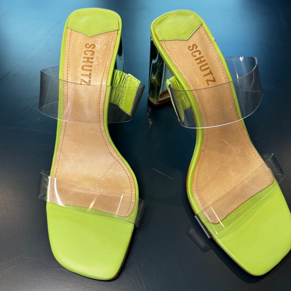 Schutz Ariella Women 8 B Lime Green Clear Vinyl Acrylic High Heel Sandal Slide - Picture 2 of 11